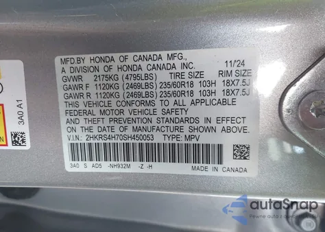 2025 Honda Cr-V Ex-L Awd z USA, uszkodzony, nr VIN 2HKRS4H70SH450053